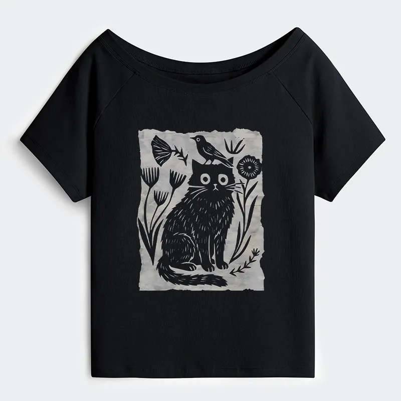 Tokyo-Tiger Folk Paper Cut Cat Bird Floral Art Off Shoulder T-Shirt Sale