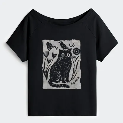 Tokyo-Tiger Folk Paper Cut Cat Bird Floral Art Off Shoulder T-Shirt