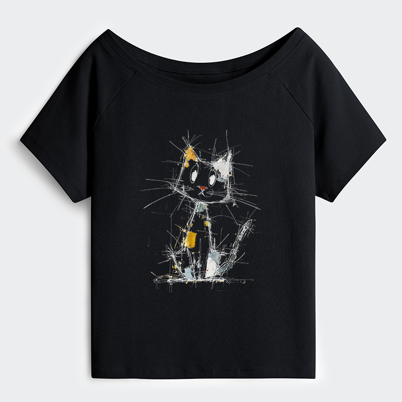 Tokyo-Tiger Minimal Splash Ink Cute Cat Off Shoulder T-Shirt