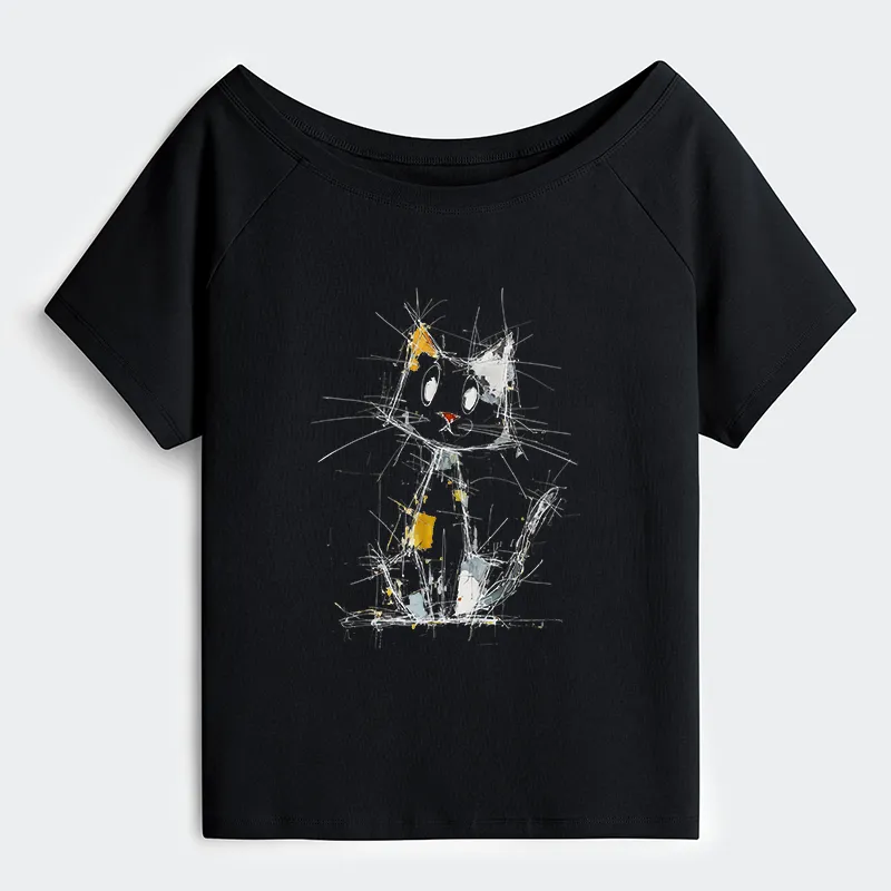Tokyo-Tiger Minimal Splash Ink Cute Cat Off Shoulder T-Shirt