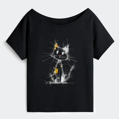 Tokyo-Tiger Minimal Splash Ink Cute Cat Off Shoulder T-Shirt