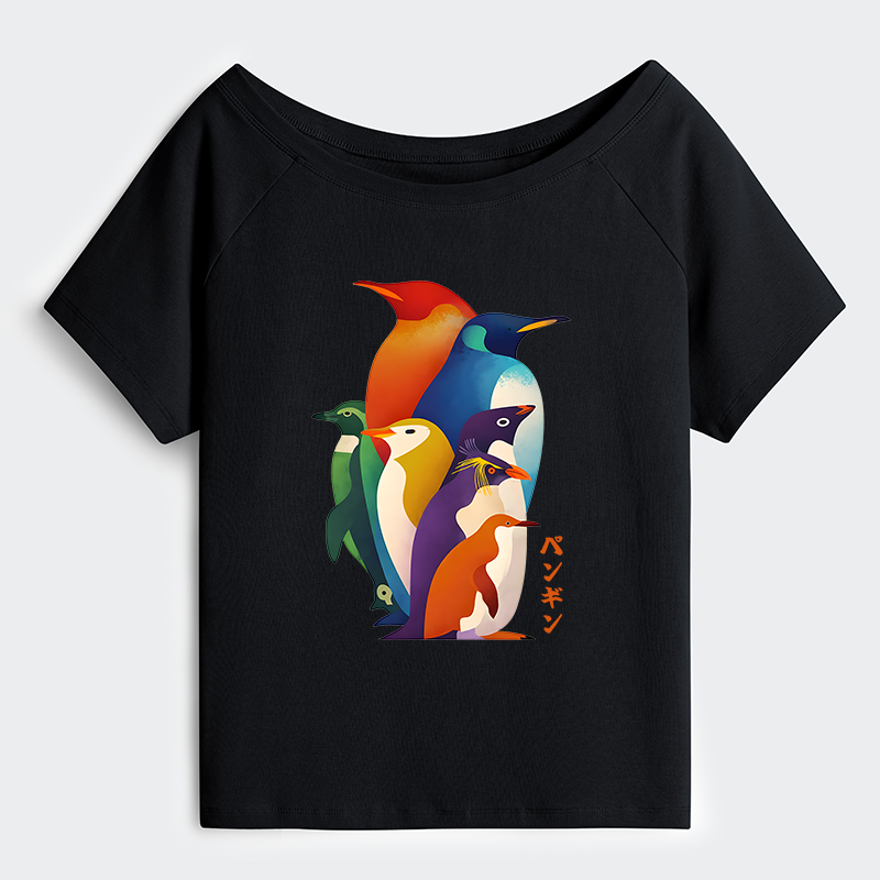 Tokyo-Tiger Cute Multi Tone Penguins Off Shoulder T-Shirt
