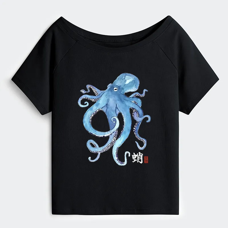 Tokyo-Tiger Watercolor Blue Octopus Off Shoulder T-Shirt