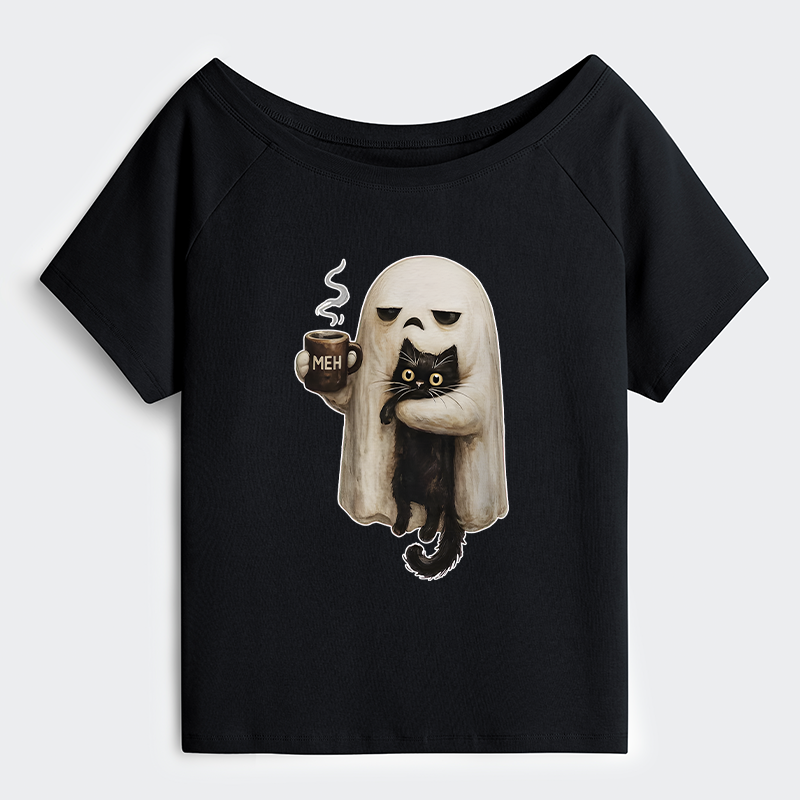 Tokyo-Tiger Ghost Cat Coffee Mood Off Shoulder T-Shirt