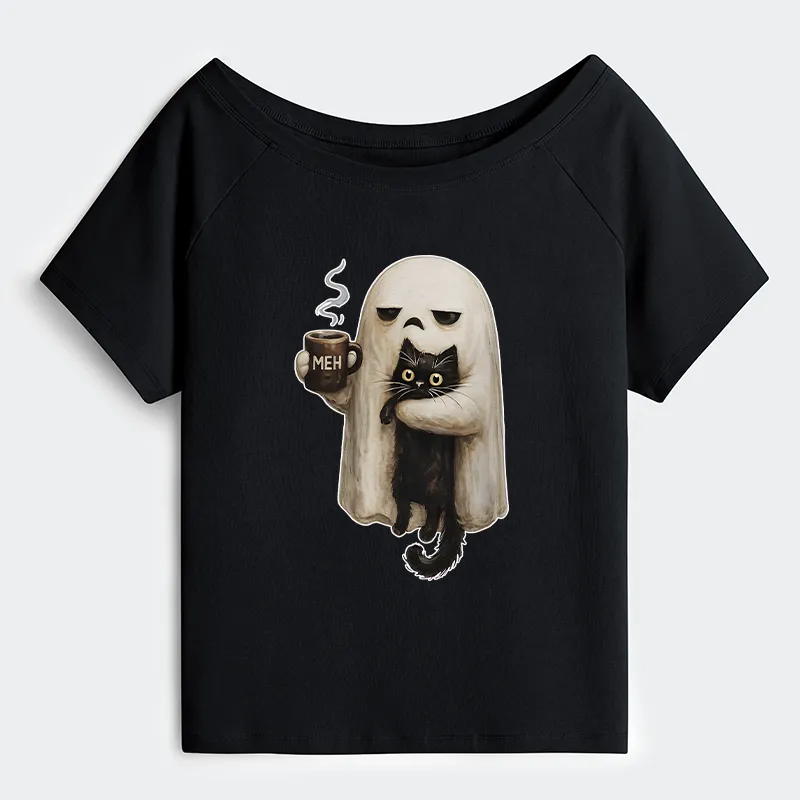 Tokyo-Tiger Ghost Cat Coffee Mood Off Shoulder T-Shirt