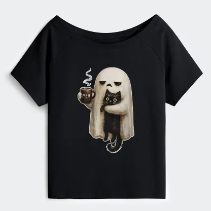 Tokyo-Tiger Ghost Cat Coffee Mood Off Shoulder T-Shirt