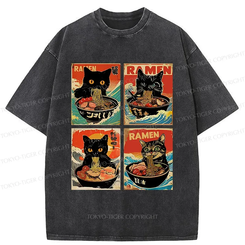 Tokyo-Tiger Four Cats Eating Ramen Washed T-Shirt