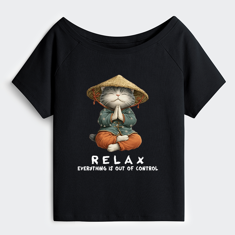Tokyo-Tiger Zen Relax Cat Graphic Off Shoulder T-Shirt