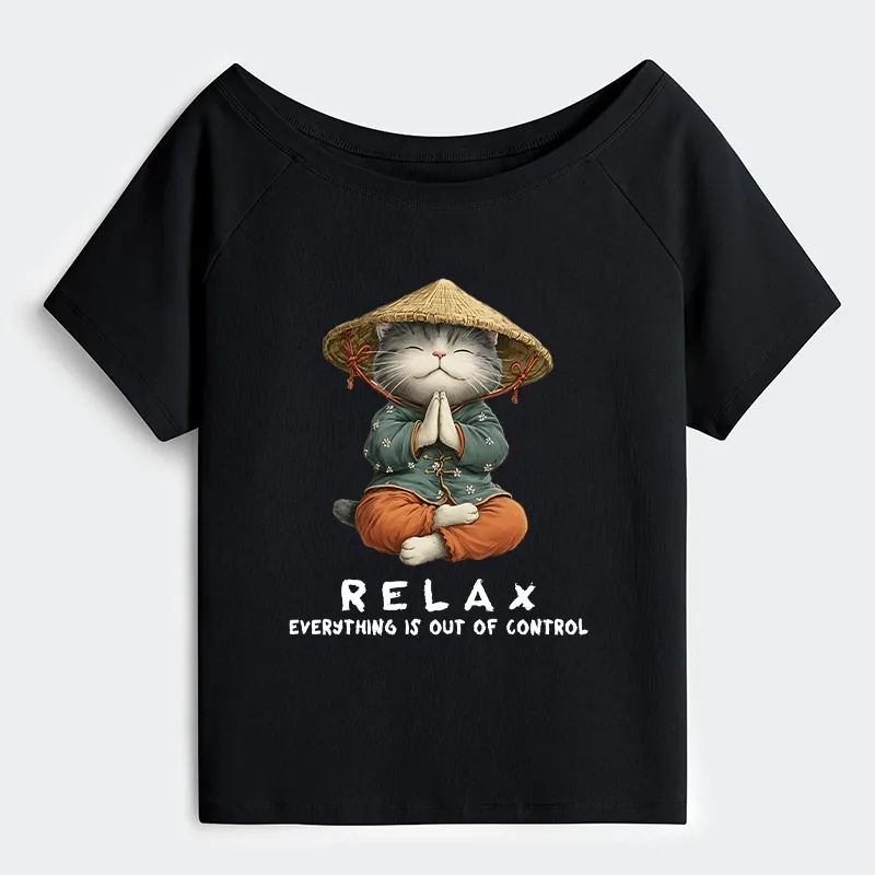 Tokyo-Tiger Zen Relax Cat Graphic Off Shoulder T-Shirt