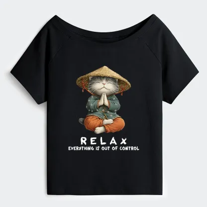 Tokyo-Tiger Zen Relax Cat Graphic Off Shoulder T-Shirt