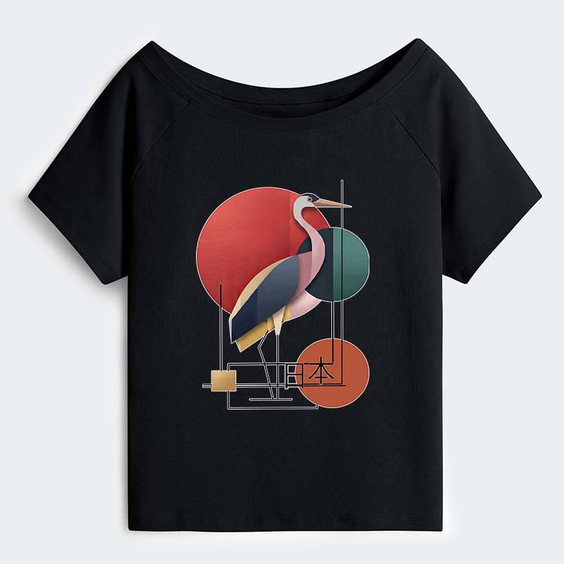 Tokyo-Tiger Geometric Crane Art Off Shoulder T-Shirt