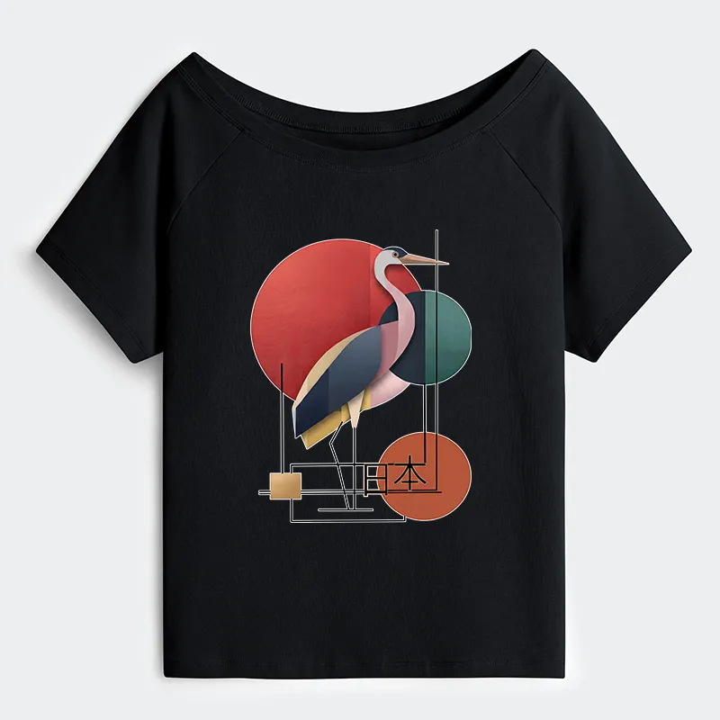 Tokyo-Tiger Geometric Crane Art Off Shoulder T-Shirt