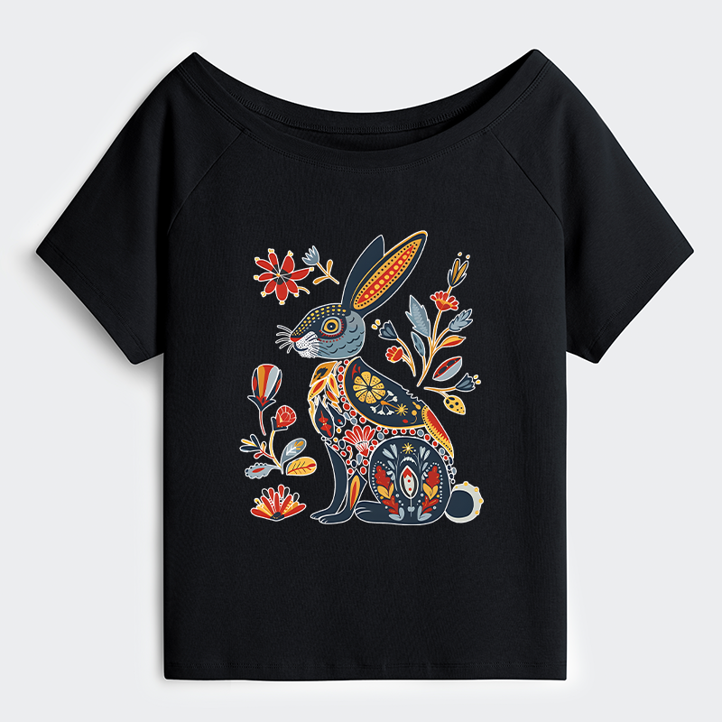 Tokyo-Tiger Folk Hare Bloom Off Shoulder T-Shirt