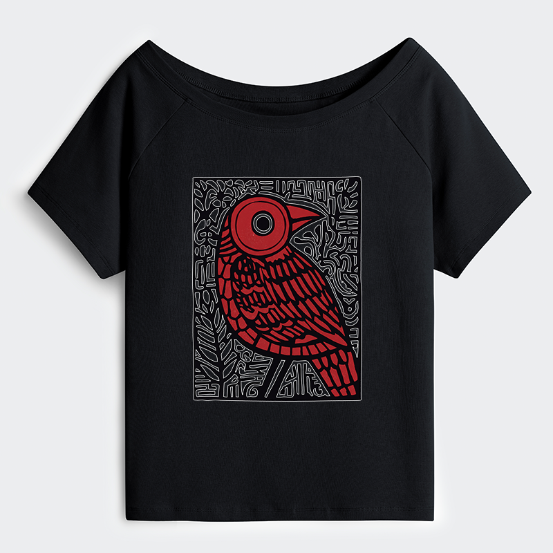 Tokyo-Tiger Retro Woodblock Bird Off Shoulder T-Shirt