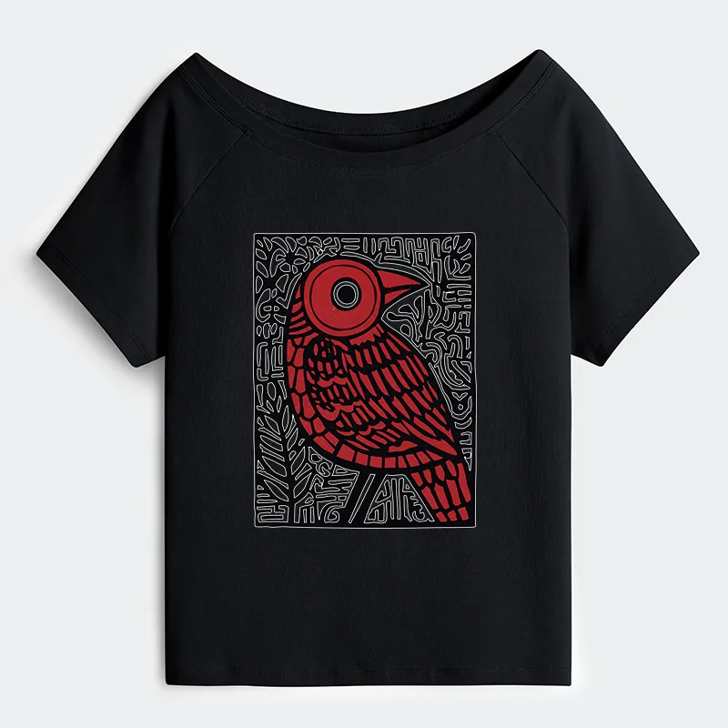 Tokyo-Tiger Retro Woodblock Bird Off Shoulder T-Shirt