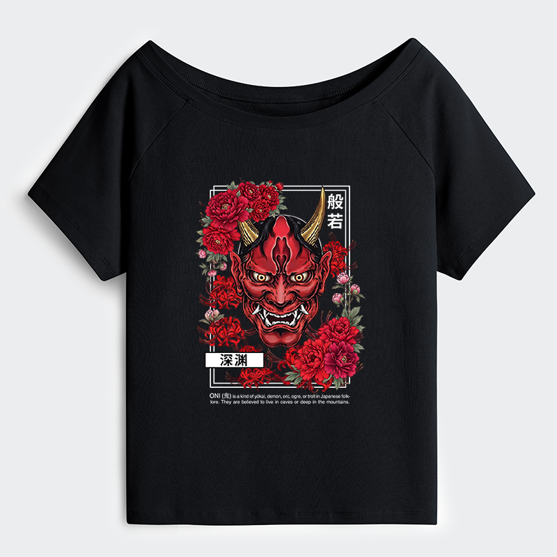 Tokyo-Tiger Cool Oni Floral Art Off Shoulder T-Shirt