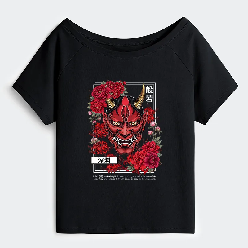 Tokyo-Tiger Cool Oni Floral Art Off Shoulder T-Shirt