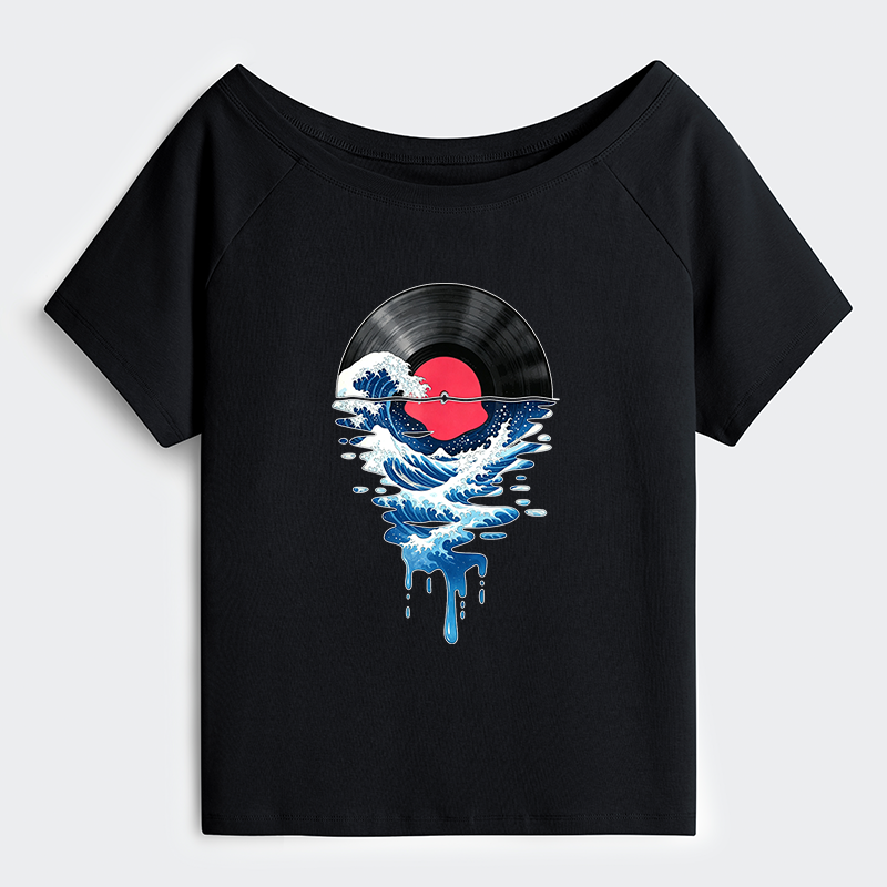 Tokyo-Tiger Vinyl Records And Waves Off Shoulder T-Shirt