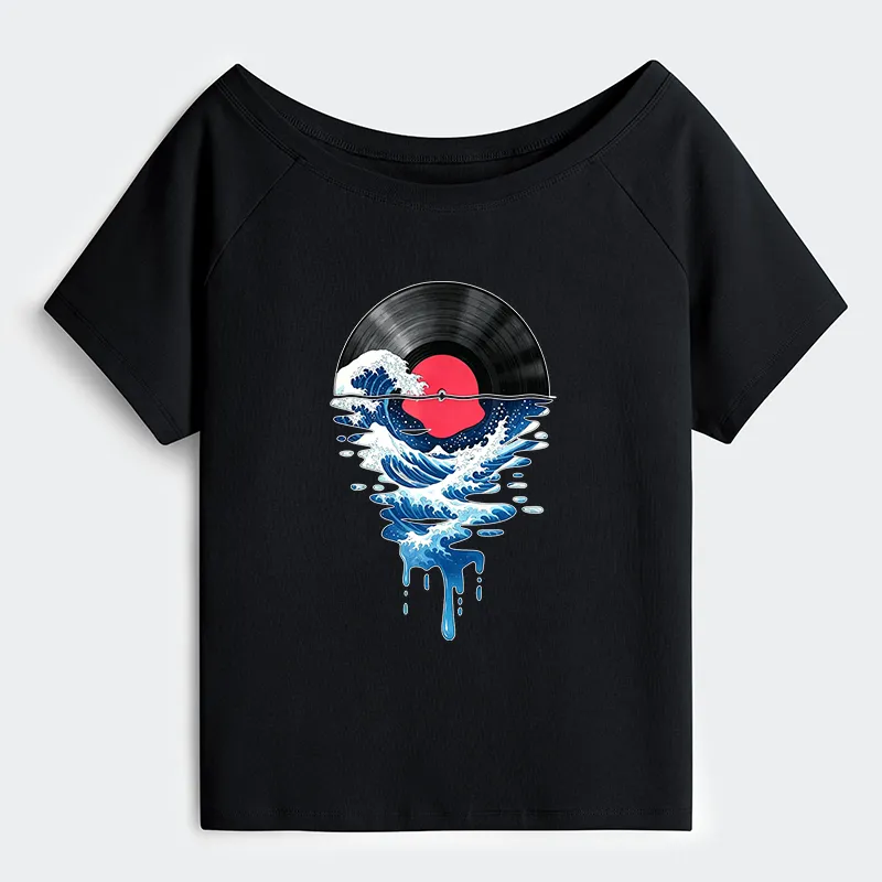 Tokyo-Tiger Vinyl Records And Waves Off Shoulder T-Shirt