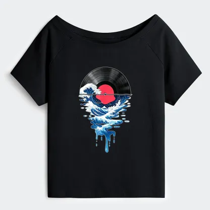 Tokyo-Tiger Vinyl Records And Waves Off Shoulder T-Shirt