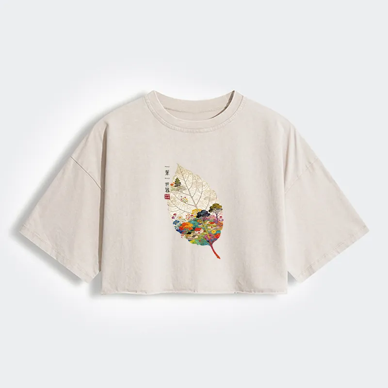 Tokyo-Tiger One Leaf Holds A Tiny Colorful World Women's Washed Crop T-Shirt
