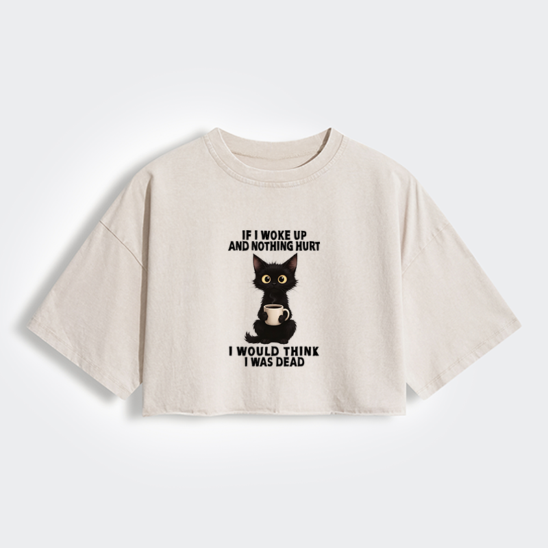 Tokyo-Tiger Funny Cute Black Cat And Coffee Meme Women's Washed Crop T-Shirt