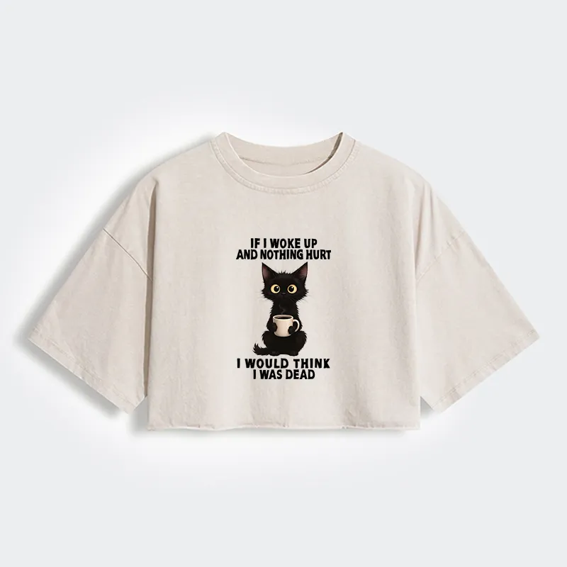 Tokyo-Tiger Funny Cute Black Cat And Coffee Meme Women's Washed Crop T-Shirt Sale