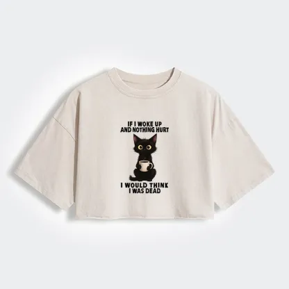 Tokyo-Tiger Funny Cute Black Cat And Coffee Meme Women's Washed Crop T-Shirt
