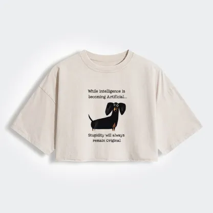 Tokyo-Tiger Dachshund Real Humor Funny Meme Women's Washed Crop T-Shirt