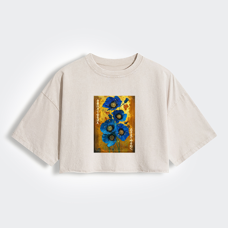 Tokyo-Tiger Shiny Blue Flower Warm Golden Background Women's Washed Crop T-Shirt