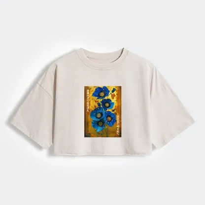 Tokyo-Tiger Shiny Blue Flower Warm Golden Background Women's Washed Crop T-Shirt