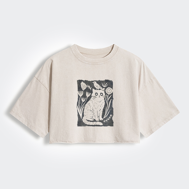 Tokyo-Tiger Folk Paper Cut Cat Bird Floral Art Women's Washed Crop T-Shirt