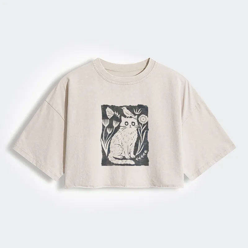 Tokyo-Tiger Folk Paper Cut Cat Bird Floral Art Women's Washed Crop T-Shirt