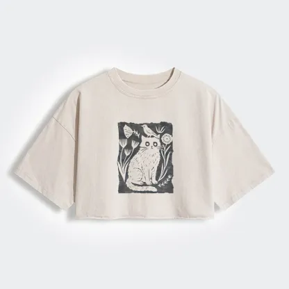 Tokyo-Tiger Folk Paper Cut Cat Bird Floral Art Women's Washed Crop T-Shirt