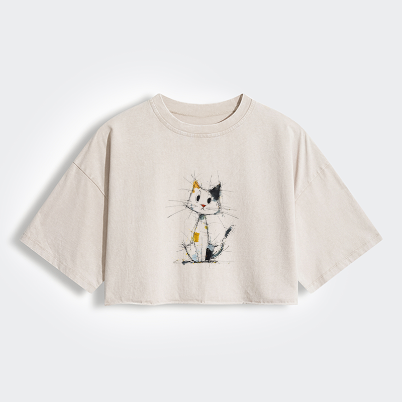 Tokyo-Tiger Minimal Splash Ink Cute Cat Women's Washed Crop T-Shirt