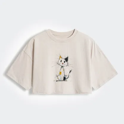 Tokyo-Tiger Minimal Splash Ink Cute Cat Women's Washed Crop T-Shirt