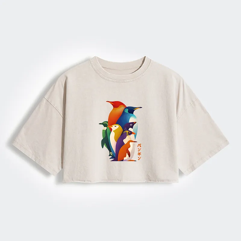 Tokyo-Tiger Cute Multi Tone Penguins Women's Washed Crop T-Shirt