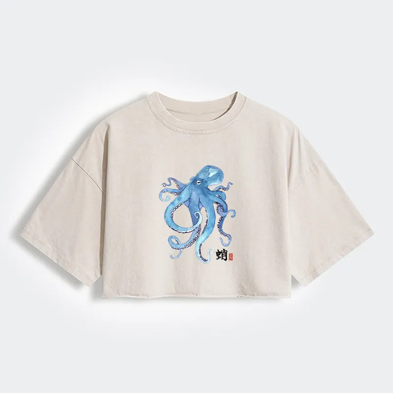 Tokyo-Tiger Watercolor Blue Octopus Women's Washed Crop T-Shirt