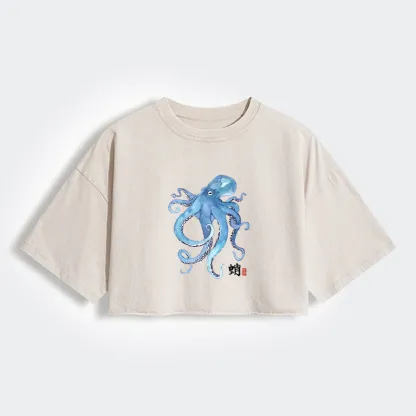 Tokyo-Tiger Watercolor Blue Octopus Women's Washed Crop T-Shirt