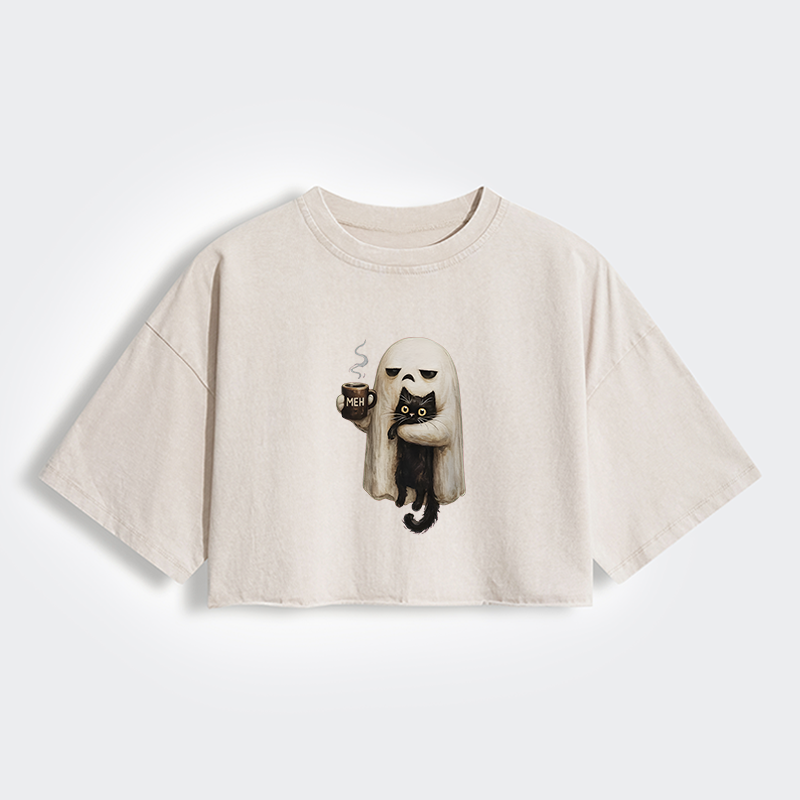 Tokyo-Tiger Ghost Cat Coffee Mood Women's Washed Crop T-Shirt