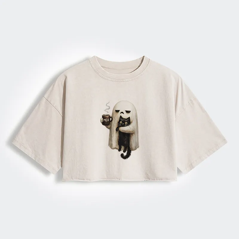 Tokyo-Tiger Ghost Cat Coffee Mood Women's Washed Crop T-Shirt