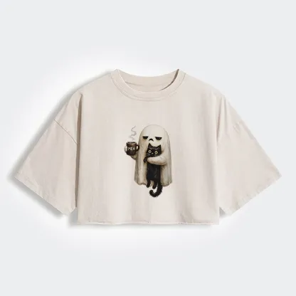 Tokyo-Tiger Ghost Cat Coffee Mood Women's Washed Crop T-Shirt
