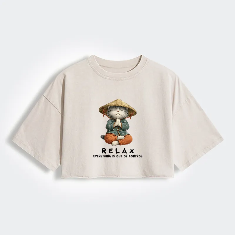 Tokyo-Tiger Zen Relax Cat Graphic Women's Washed Crop T-Shirt Sale