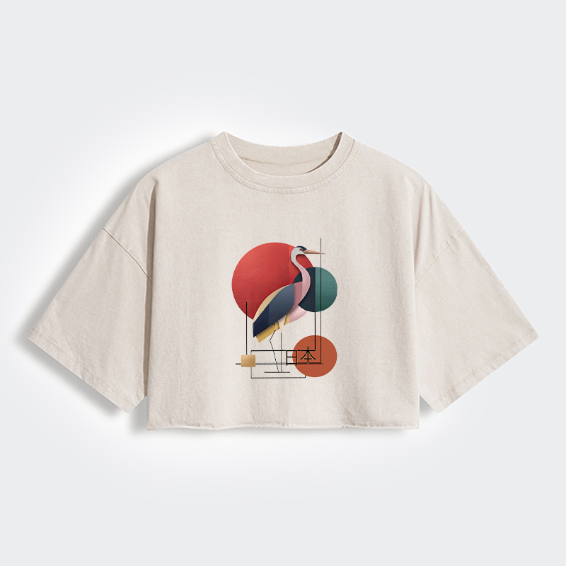 Tokyo-Tiger Geometric Crane Art Women's Washed Crop T-Shirt