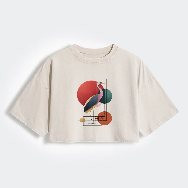 Tokyo-Tiger Geometric Crane Art Women's Washed Crop T-Shirt
