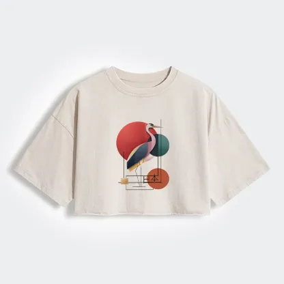 Tokyo-Tiger Geometric Crane Art Women's Washed Crop T-Shirt