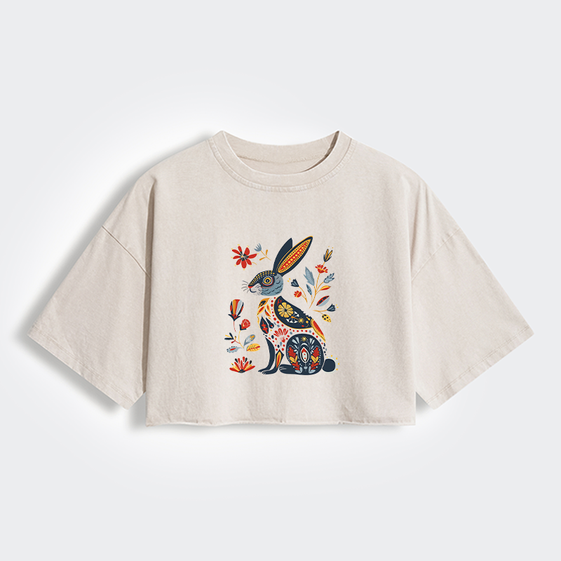 Tokyo-Tiger Folk Hare Bloom Women's Washed Crop T-Shirt