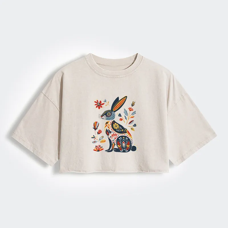 Tokyo-Tiger Folk Hare Bloom Women's Washed Crop T-Shirt