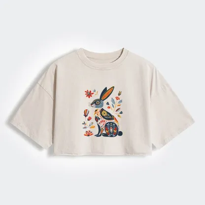 Tokyo-Tiger Folk Hare Bloom Women's Washed Crop T-Shirt