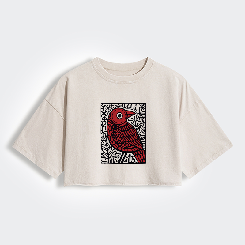 Tokyo-Tiger Retro Woodblock Bird Women's Washed Crop T-Shirt